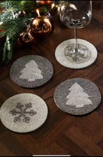 4 NEXT Silver Icon Beaded Christmas Snowflake & Tree Drinks Coasters (Set Of 4
