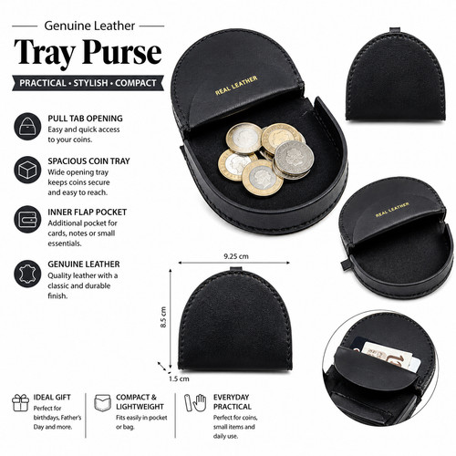 Black genuine leather coin - black,