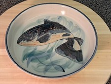 Highland Stoneware Scotland Pie / Flan Dish Free Hand Painted Arts & Crafts Fish