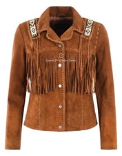 Women's Western Cowgirl Suede Shirt Fringes With Beads Style Real Leather Jacket