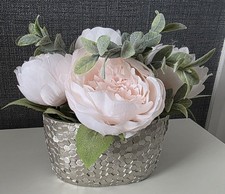 BRAND NEW NEXT FAUX FLOWERS PALE PINK PEONIES IN SILVER VASE
