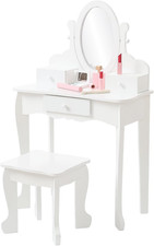 Kids Vanity Set with Mirror & Stool - Wooden Princess Makeup Dressing Table, Adj