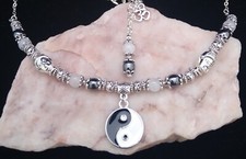 Yin & Yang Pendant, Hematite & White Jade Buddha Bead Necklace. Handmade