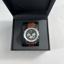 Rotary Chronograph Black Dial Pilot Watch Brown Leather Strap Stainless Steel