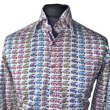 CLAUDIO LUGLI Shirt Mens LARGE (40-41") Long Sleeve White Campervan Print