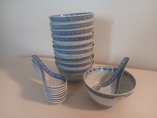 10 X Set Of Chinese Rice Grain Pattern Noodle, Rice & Ramen Bowls. 9 X Spoons 