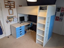 IKEA Stuva Loft/Cabin Bed - White with Blue Drawer Fronts And Wardrobe Doors