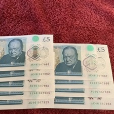 9x £5 AK46 Polymer Notes, Uncirculated. Consecutive Nos: AK46 567959 - AK 567967