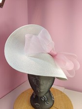 white pink large straw fascinator millinery burlesque headband wedding hat