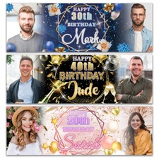 Personalised birthday photo banner man woman girl  party poster pink gold blue