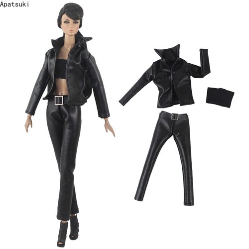 Black leather clothes set - black, for