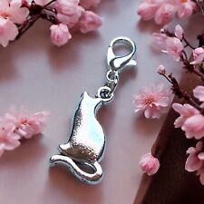 Silver Cat Clip On Charm, Silver Plated Lobster Clasp, Bracelet or Bag Charm
