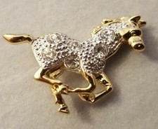 NOS Cabouchon Running Horse Pin Austrian Crystal 18K Gold Plated Scatter Brooch