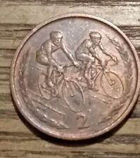 Rare 2p Coin Isle of Man 2 Pence Elizabeth II Bicyclist Racing Manx Currency. 