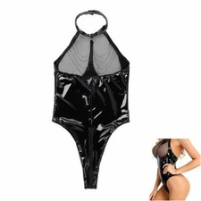 PVC Shiny Wet Faux Look Leather Open Crotch Playsuit Bodysuit Lingerie Leotard