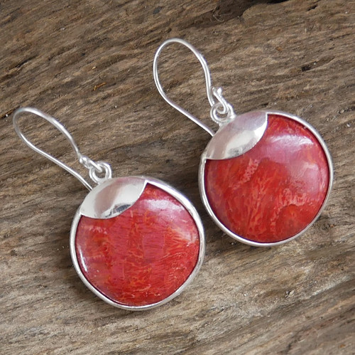 Round red coral - coral, earrings