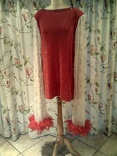 Red/Silver SHORT dress with long open sleeves, Red  feathers and turban16/18