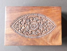 Carved vintage Indian wooden jewellery trinket box with eye pattern 