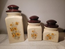 Signed Set 3 Handmade Ceramic Kitchen Canisters Sunflowers Speckleware Vintage 