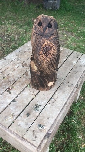 Chainsaw carved owl - chainsaw, mouse