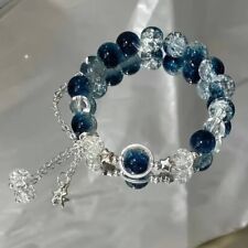 Womens Girls Glass Blue Clear Cat Eye Stone Beaded Bracelet Star Charm Friend