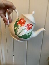 Vintage Large Teapot Red Tulips Holds 1 & 3/4 Pints