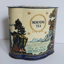 Vintage Jacksons Of Piccadilly Metal Tea Tin Caddy Asian Landscape Empty 250g