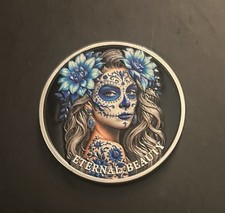 Blue and Purple Patterned Skull Coin, Timeless Existence of Life and Beauty.