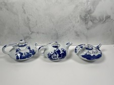 Oriental Chinese Blue White Small Porcelain Teapots Set of 3 Hand Painted Signed