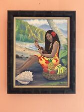 MID CENTURY FOLK ART OIL PAINTING ISLANDS GIRL UKULELE OCEAN SEA SHELL FRUIT