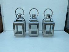3 Silver Metal Candle Lanterns With Glass Doors And Adjustable Handles