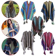 Women Ladies Knitted Open Colourful Poncho-Blanket Warm Winter Tassel Wrap Shawl
