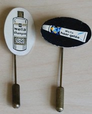Lot Of 2 WELLA HAIR PRODUCTS Vintage Advertising Pin Badges 1960s Shampoo, Gel