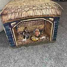 Vintage Nativity Set Wooden Stable Figures Made in Italy Mary Joseph Jesus Lambs