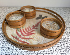 70s Vintage Retro Boho Wicker Bamboo Butterfly Drinks Coasters Set 6 & Tray
