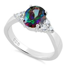 Sterling Silver Oval Rainbow Topaz and Clear Cubic Zirconia Dress Ring Cluster