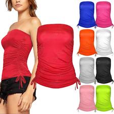 Women's Boobtube Top Ruched Side Tie-Up Drawstring Sleeveless  Detail Bandeau