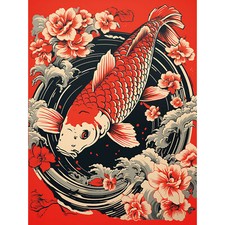 Koi Fish Carp Japanese Whirlpool Red Black Illustration Art Poster Print Giant
