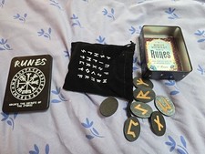 Witch Runes Set 14 Engraved Wooden pieces book & pouch pagan wicca Divination
