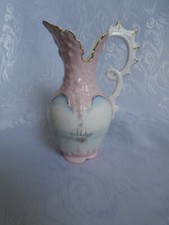 VINTAGE SHELL PINK PORCELAIN JUG SEAHORSE SHAPED HANDLE MOUNTAINS AND LAKE SCENE
