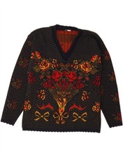 VINTAGE Womens V-Neck Jumper Sweater UK 16 Large Navy Blue Floral DP56