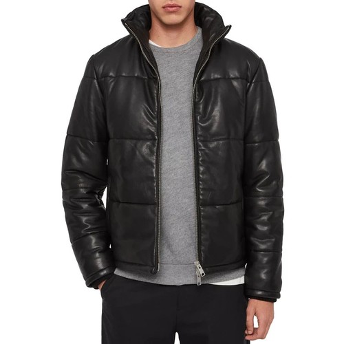 Black puffer leather jacket - leather,