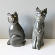 2 Vintage Cats Ornaments Figurines Hand Carved Natural Horn Glass Eyes Kitsch