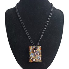 Bohemian Black Flower  Art Glass Millifiori  Pendant  Beaded Necklace Large 