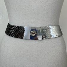 Vintage Silver Tone Stretch Belt Silver Metal Fish Scale slinky stretchy 