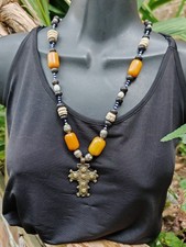 Ethiopia Coptic brass cross phenolic amber resin African white metal necklace