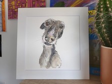Hairy Lurcher dog original pen and watercolour painting in.9x9" mount.