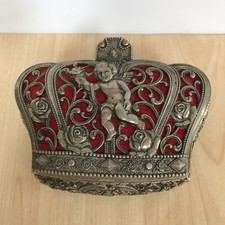 Vintage Pewter Ornate Crown Trinket Box Red Velvet Lined Cherub & Roses 11cm