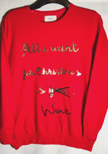 Ladies red Christmas jumper with 'All I want for Christmas is Wine'.  Size 16