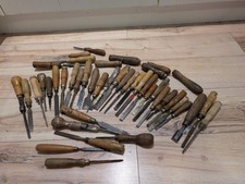 Large Job Lot of Antique Vintage Carpentry Chisels Tools with Wooden Handles